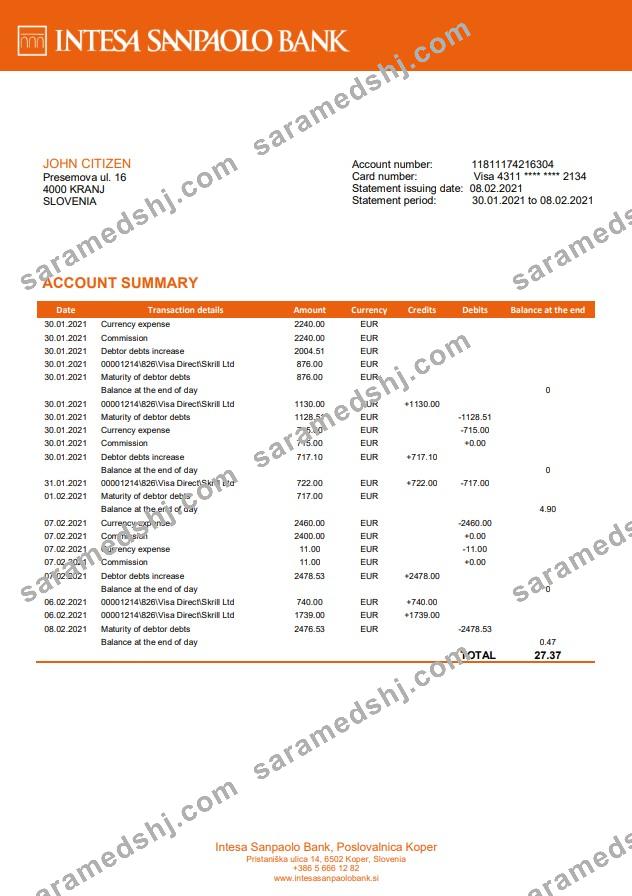 Slovenia Intesa Sanpaolo Bank, Poslovalnica Koper bank statement template in Word and PDF format